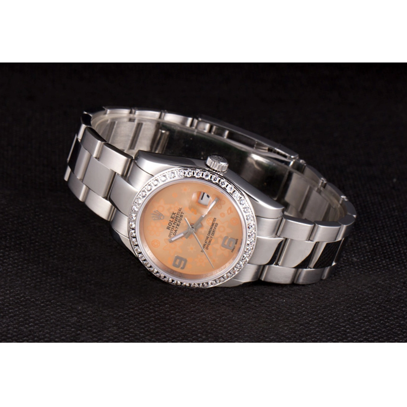 Best AAA Replica Sites Flowers Steel Diamond Rolex Dial Plated Datejust Orange Polished Stainless 0626